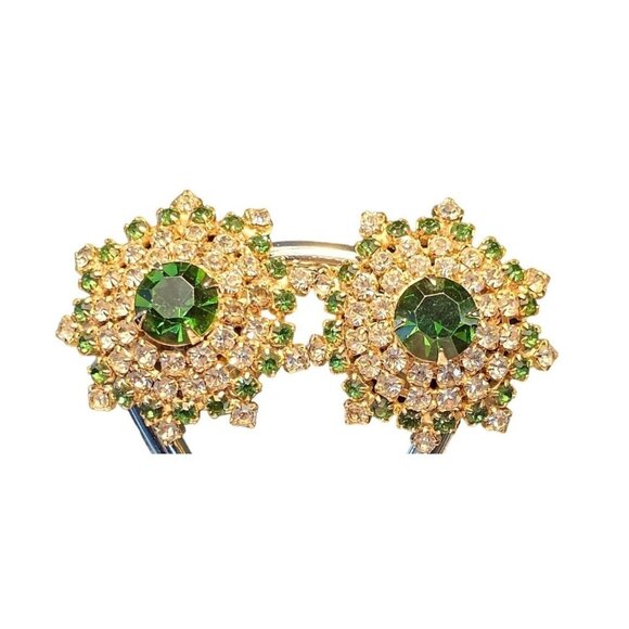 Vintage Hobe‎ Emerald Green Rhinestone Earrings Gold Tone Starburst Roller Clip - Picture 1 of 7